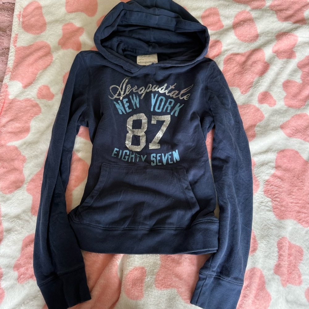 2000s Aeropostale Navy Blue Hooded Sweatshirt with Graphic 87